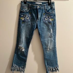 Zara Blue Floral Embroidered Cropped Jeans